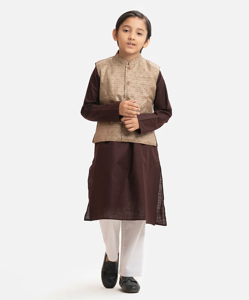 Deep Maroon Cotton Panjabi & Waistcoat Set